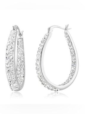 Crystal Pavé White Gold Plated Crystal Inside/Outside Oval Hoop Earrings